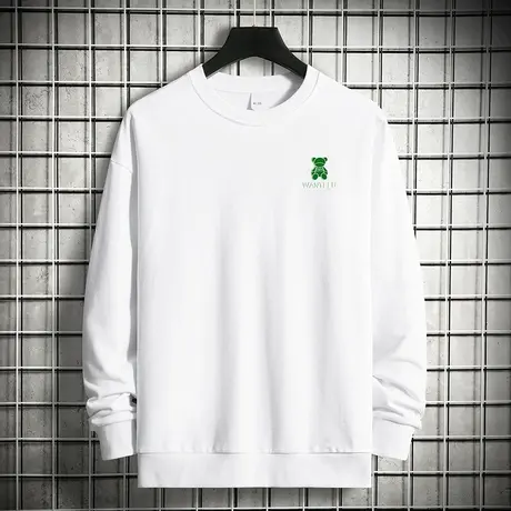 重磅纯棉小熊卫衣男秋冬加绒加厚白色无帽上衣摇粒绒圆领长袖t恤商品大图