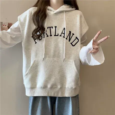 美式无袖连帽卫衣女春秋装薄款宽松韩版字母刺绣叠穿马甲上衣外套商品大图