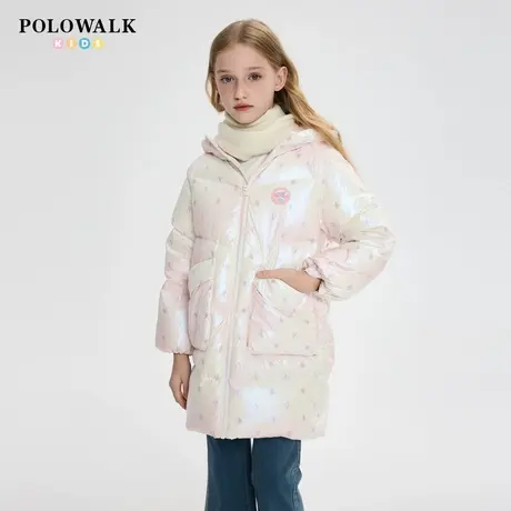 【90绒】POLOWALK童装女童羽绒服2025年冬中长款时尚印花连帽外套商品大图