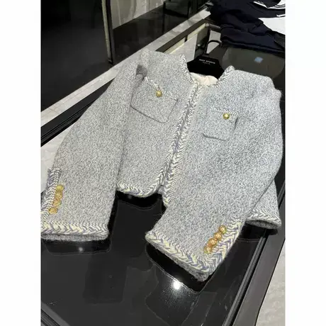 爵莱菲大码经典款高级冰川蓝色粗花呢小香风外套女秋冬显瘦上衣图片