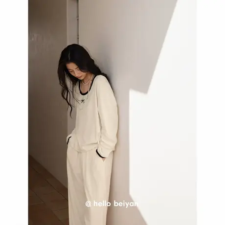 贝妍小香风睡衣女春秋季新款纯棉长袖家居服甜美少女简约纯色套装商品大图