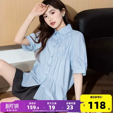 唐狮2025夏季中袖衬衫女士泡泡袖蓝色衬衫可爱甜美ins风气质上衣商品大图