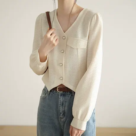 专享嘉茱莉2022年秋季新款v领气质短外套女温柔名媛风短款上衣图片