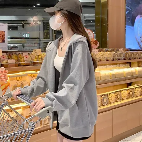 正肩灰色卫衣外套女早秋季小个子宽松韩系慵懒风连帽开衫拉链上衣图片
