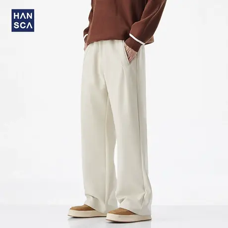 hansca厚针织肌理感宽松阔腿休闲裤男春秋季直筒压褶大码保暖西裤商品大图