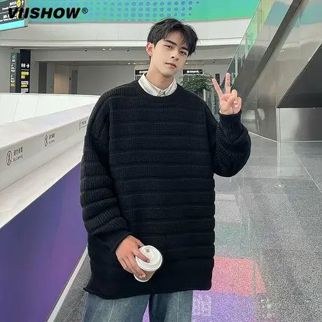 VIISHOW秋冬季新款毛衣男宽松圆领线衣外套慵懒潮牌黑色针织衫男商品大图