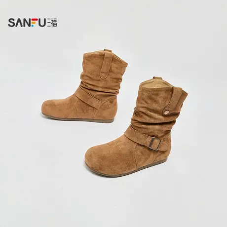 三福女中靴秋季都市游牧风双耳朵褶皱一字带堆堆靴女鞋846810商品大图