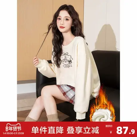 唐狮2026秋冬新款女卡通印花加绒圆领卫衣休闲风宽松型长袖套头女图片