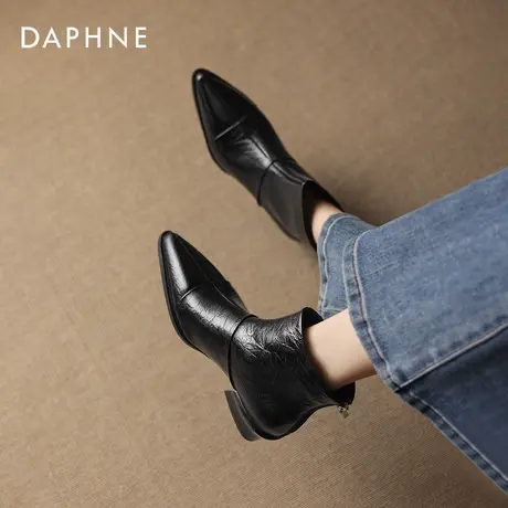 达芙妮尖头小短靴2026新款秋冬季黑色粗跟瘦瘦气质高跟女靴子皮靴商品大图