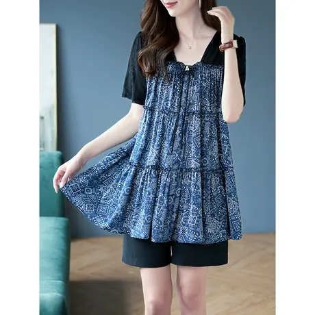 宝诗黎方领假两件蕾丝拼接雪纺衫2023夏季新款短袖宽松上衣女时尚商品大图