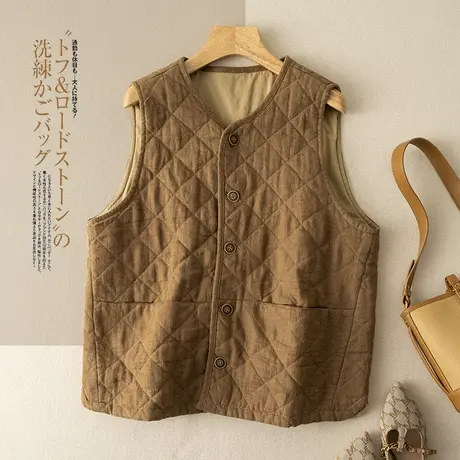 享永子菱格亚麻马夹背心宽松文艺复古休闲马甲2023秋季新款图片