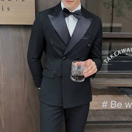 疯狂小杨哥网红同款双排扣戗驳领新郎礼服套装塔式多缎面拼接西装商品大图