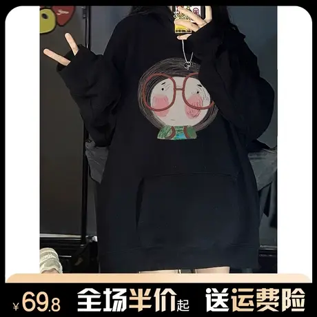 vintage卡通女孩印花连帽重磅卫衣女秋冬加绒加厚宽松慵懒风外套图片