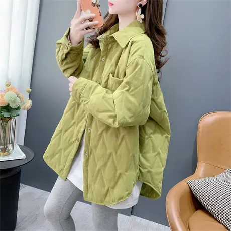 中长款夹棉加厚休闲衬衫外套女秋冬2023新款宽松百搭复古保暖上衣商品大图