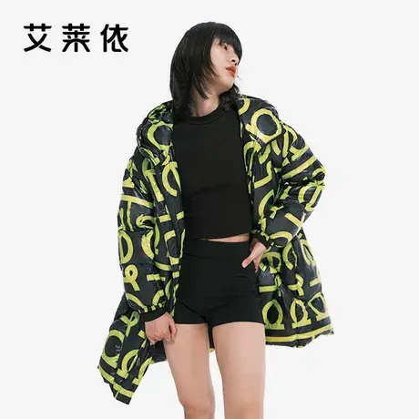 艾莱依反季羽绒服女字母LOGO印花鹅绒中长款时尚街头连帽加厚外套商品大图