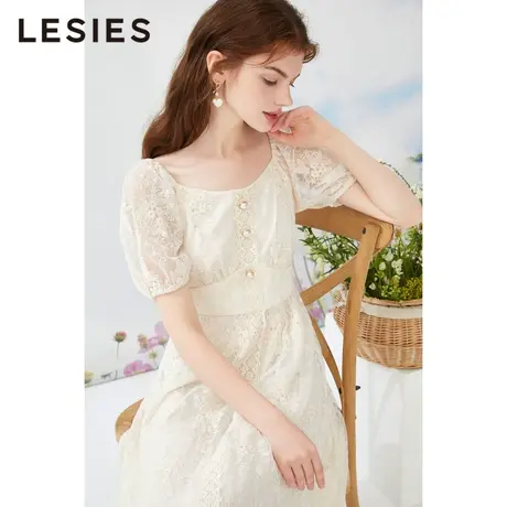 LESIES蓝色倾情夏装新款连衣裙方领甜美公主裙短袖淑女蕾丝连衣裙图片