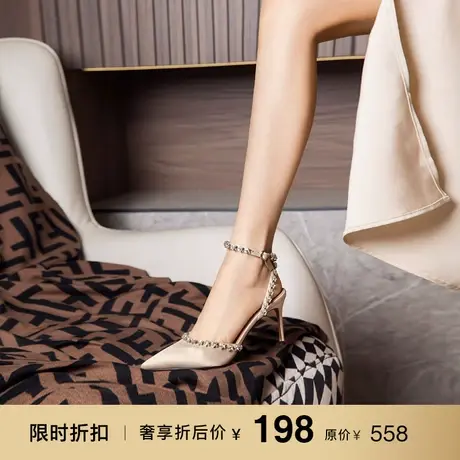 熙漫2023春夏新款凉鞋时尚水钻尖头细跟一字带高跟鞋搭扣百搭女鞋图片