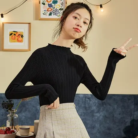 唐狮秋冬季基础净色打底衫女毛衣半高领长袖内搭针织衫上衣黑白色商品大图