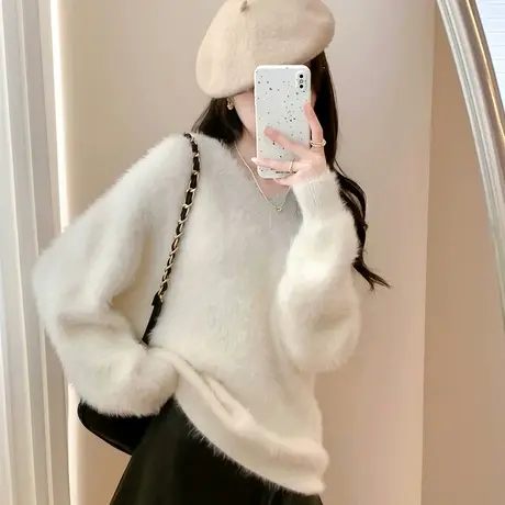 唐狮早秋新款高级风简约V领套头白色毛衣女2023年秋冬奶系穿搭PO商品大图