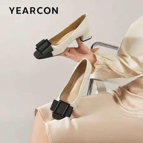 意尔康粗跟法式高跟鞋女方头复古2024年新款小香风浅口羊皮单鞋女图片