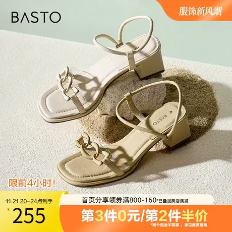 百思图奥莱2023夏季新款商场同款金属扣一字带粗跟凉鞋MB321BL3图片