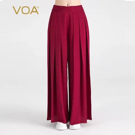 VOA酒红色22姆米暗纹提花桑蚕丝自然腰侧口袋育克褶宽松真丝裙裤商品大图