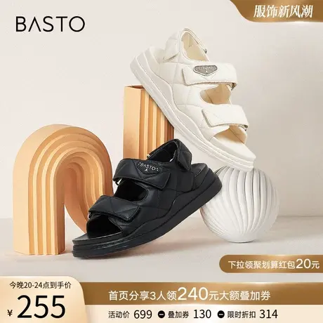 百思图夏季新款休闲魔术贴松糕厚底女平底沙滩运动凉鞋ZBP39BL3商品大图