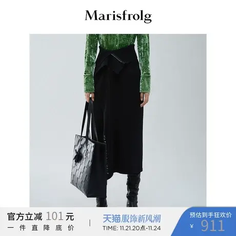 【羊毛拉链半身裙】玛丝菲尔黑色围裹式双拉链羊毛显瘦半身裙图片