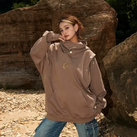 设计感美式复古连帽卫衣女春秋2023新款情侣小众宽松oversize外套商品大图