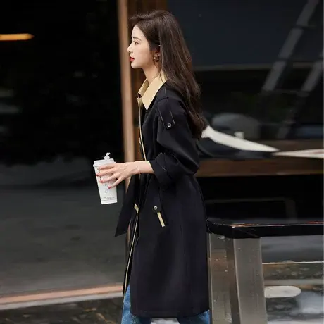 时尚气质风衣2023年秋季新款女装翻领撞色百搭休闲长款上衣外套图片