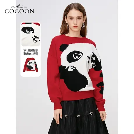 MISSCOCOON红色针织衫女2023新款国风熊猫图案宽松套头毛衣上衣商品大图