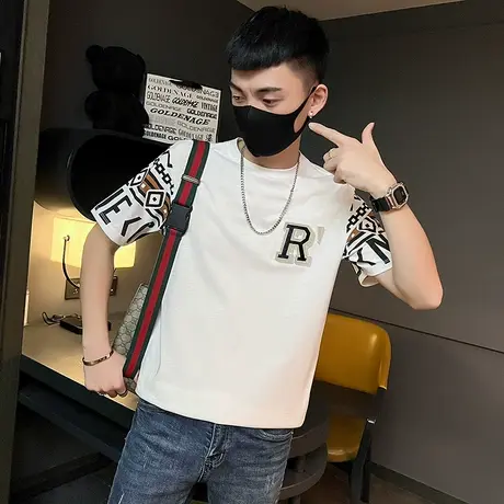 夏季男拼色t恤打底衫上衣短袖半袖潮流花色潮牌个性休闲圆领体恤商品大图