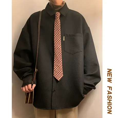 黑色衬衫男长袖秋季新款潮牌高级感痞帅衬衣宽松大码翻领男士寸衫商品大图