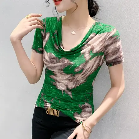 欧货气质女装时尚性感V领T恤气质减龄印花上衣洋气显瘦修身小衫夏商品大图