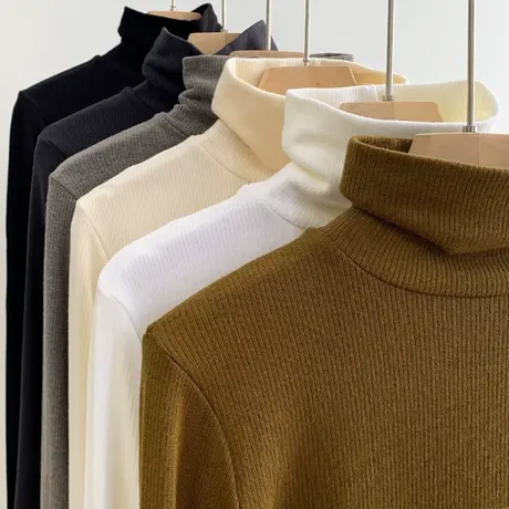 高领加绒打底衫女2023秋冬新款坑条羊绒针织弹力修身保暖内搭上衣图片