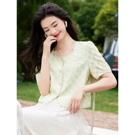 时尚气质圆领短袖衬衫2023年夏季新款淑女温柔显瘦通勤短款上衣图片