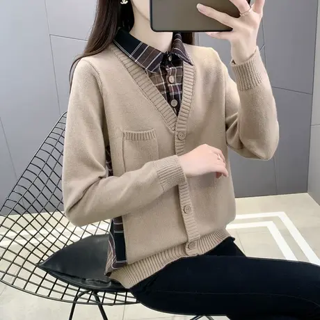 假两件针织上衣女洋气短款毛衣秋装2024新款女装春秋衬衫领打底衫图片