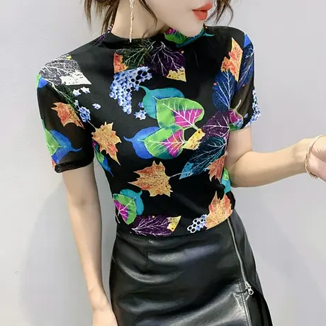 女装2023新款潮时尚印花T恤女短袖洋气复古上衣网纱半高领打底衫商品大图