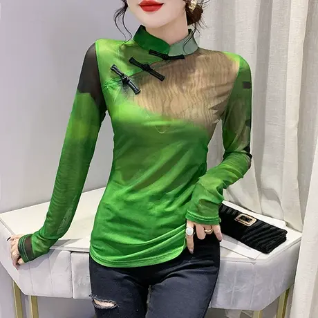 复古中国风女装性感网纱上衣扎染加绒打底衫长袖透视心机洋气T恤商品大图