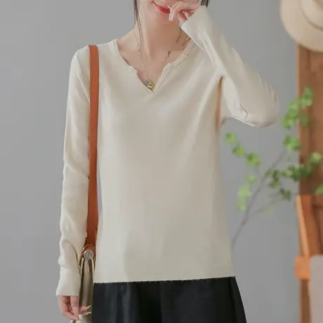 dza 复古纯色宽松V领针织衫女士春秋新款上衣漂亮打底衫休闲毛衣商品大图