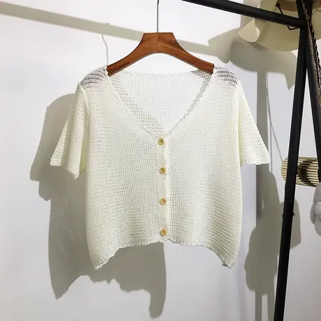 短袖针织开衫女夏季新款韩版宽松短款v领薄款镂空罩衫上衣t恤外套商品大图