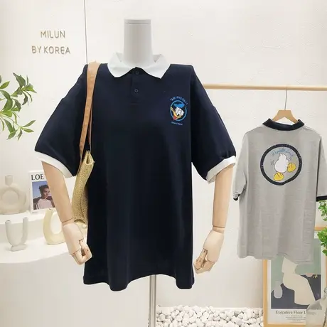 夏季韩国东大门chic学院风俏皮设计感休闲polo领中长款T恤裙大码图片