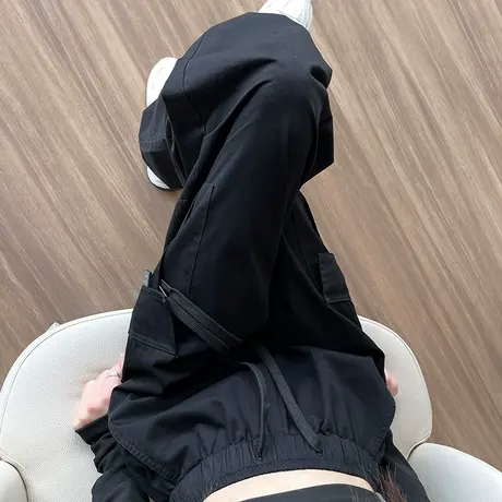 美式复古工装裤女秋季新款黑色高腰直筒阔腿小个子休闲束脚运动裤图片