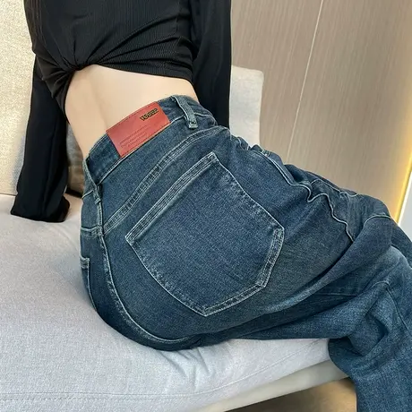 高腰阔腿裤牛仔裤女2023春秋新款宽松显瘦设计感拼接直筒拖地裤子图片