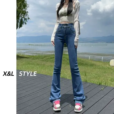 复古微喇牛仔裤女早秋季2023新款高腰显瘦马蹄垂坠感弹力喇叭裤子商品大图