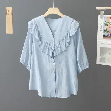 法式花边V领短袖衬衫女2024夏季新款小众设计感上衣舒适薄款衬衣商品大图