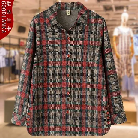 中年胖妈妈秋装长袖衬衫女200斤大码妈妈装宽松洋气休闲格子外套图片