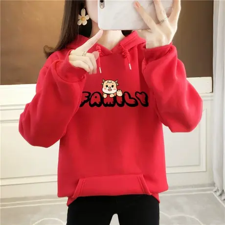 红色炸街新年情侣装卫衣女加绒加厚2024年宽松连帽牛年本命年衣服图片