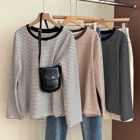 德绒条纹长袖T恤女秋冬2024新款修身韩版加绒加厚保暖打底衫上衣商品大图
