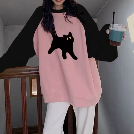 山东即墨卫衣女oversize大码插肩袖拼接粉色ins秋冬加绒复古上衣图片